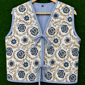 Gilet matelassé 100 % coton réversible sans manches, imprimé floral, léger, fait main, à nouer sur le devant, rembourré pour l'hiver - Product Image 4