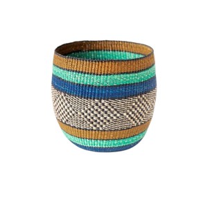 Traditional Artisan Craft Seagrass Storage Hamper Featuring Blue Teal Pattern and Modern Style Home Decor <b>Container</b> Bin - Product Image 3