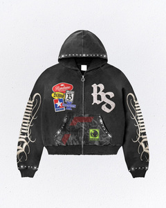 Hoodie surdimensionné à fermeture éclair en coton et polyester, fabrication sur mesure, prix de gros, meilleure qualité, patchwork, délavé à l'acide, avec strass - Product Image 2