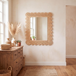 Small Scalloped Rattan <b>Wall</b> <b>Mirror</b> 23×17 Inch, Decorative Woven Frame <b>Mirror</b> <b>for</b> Bedroom, Entryway, <b>Bathroom</b>, and Home Decor - Product Image 2