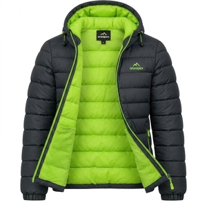 Veste matelassée d'hiver pour homme Custom One Apex, noire avec fermeture éclair verte, à capuche, légère et chaude, rembourrée en duvet - Product Image 2
