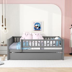 Letto a giorno in legno grigio a grandezza naturale per bambini con letto estraibile e sponde di sicurezza - Product Image 2