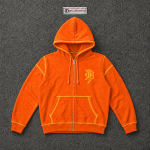 Sudadera con capucha gótica naranja con cremallera, costuras en contraste amarillas, estilo urbano oversize, logo bordado, unisex, personalizada, moda punk, casual - Product Image 5