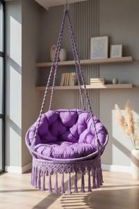Silla Colgante de Macramé Morado – “Mor Lora” |   Cómodo columpio bohemio con flecos |   Asiento de Hamaca para Interiores/Exteriores - Product Image 3