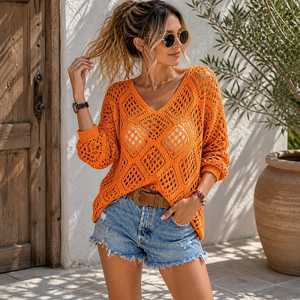 Suéter Rosa de Punto Abierto con Cuello en V para Mujer, Manga Larga, Estilo Boho, Top de Verano, Corte Holgado Informal, Tejido a Crochet, 100% Poliéster, Color Sólido - Product Image 3