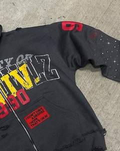 Sweat à capuche zippé vintage pour homme, coupe oversize, en molleton de coton, avec imprimé graphique vieilli et strass, style streetwear - Product Image 3