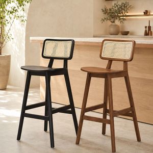 Mid-Century Modern Rattan Counter <b>Stool</b> with Wooden Chair Legs, Black Frame, Cane Seat and Back for Kitchen Island Home Bar Use - Product Image 2