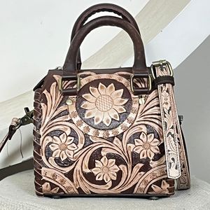 Ensemble de bagages 3 pièces en cuir véritable floral fait main pour femme, sacs de voyage et sacs de week-end assortis - Product Image 2