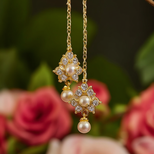 <b>Stud</b> <b>Earrings</b> with Diamond and Pearl Side Ear <b>Chain</b> Gold Plated Brass for Wedding Party Gift - Product Image 3