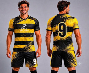 Ensemble de maillots de football de qualité supérieure 100% polyester avec impression par transfert thermique, col en V, manches courtes, avec nom et numéro d'équipe personnalisés - Product Image 1