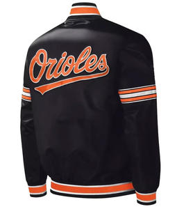 Veste universitaire en satin noir personnalisée pour hommes, veste bomber à bordure contrastée orange, uniforme de baseball en gros - Product Image 3