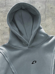 Sweat à capuche homme en molleton épais délavé bleu-gris, coupe oversize, avec empiècements, logo frontal, style streetwear décontracté, automne-hiver - Product Image 4