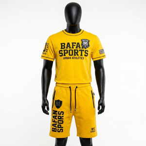 Conjunto deportivo de camiseta y pantalones cortos de algodón grueso de 260 GSM, color amarillo brillante, con logotipo personalizado, 2 piezas. - Product Image 6