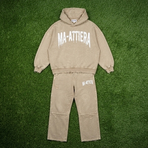 Custom Beige Washed Distressed <b>Oversized</b> Hoodie and Jogger <b>Sweatpants</b> Men Two Piece Streetwear Tracksuit Set - Product Image 6