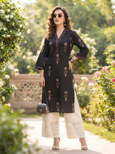 Black Floral Embroidered Cotton Chiffon Kurti Women Traditional Casual Wear Spring Summer Style Ethnic Indian Pakistan Beautiful - Product Image 1