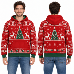 Men's Christmas Hoodie Red Green Knitted Pullover With Reindeer Tree Pattern Pocket Casual Winter Sweatshirt - Product Image 1