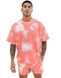 Diseño Rosa cuello redondo hombros caídos diseño Tie-dye camiseta y pantalones cortos de gran tamaño para hombres conjuntos gemelos de algodón transpirable - Product Image 4
