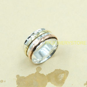 Bague tournante tricolore faite à la main en argent sterling 925, laiton et cuivre, large, style méditation bohème, bijou tendance pour femmes et hommes - Product Image 6