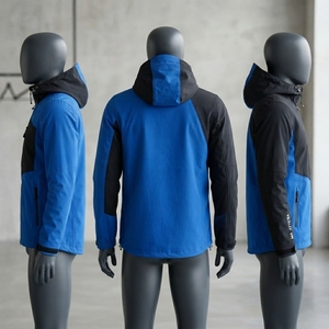 Chaqueta cortavientos con capucha para hombre, azul y negra, con bloques de color, cremallera completa, para deportes al aire libre y senderismo, con bolsillos. - Product Image 4