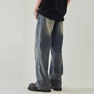 Jean en denim ciré pour homme, coupe large, taille mi-haute, couleur unie, en coton, décontracté, avec braguette boutonnée, tissu tissé, grandes tailles - Product Image 3