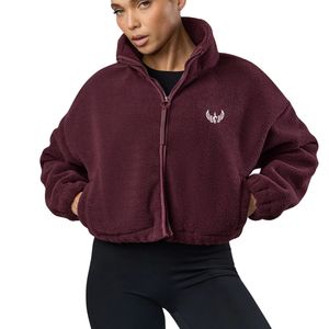 Burgundy Cropped Sherpa Full Zip Up <b>Women</b> Soft <b>Teddy</b> Fleece <b>Jacket</b> Warm Casual Outerwear Stylish Comfort Layer Wear - Product Image 3