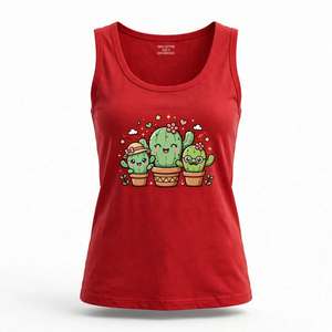 เสื้อกล้ามผู้หญิงลายการ์ตูนกระบองเพชรสีแดง ปี 2026 คอกว้าง ทรงลำลอง ผ้าถัก 100% คอตตอน ระบายอากาศได้ดี ดีไซน์โลโก้ด้านหน้า - Product Image 1
