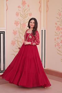 ชุดเดรสยาว Anarkali สีชมพูผ้าจอร์เจตต์ งานปักกระจกแบบ Kutchi อย่างดี สำหรับงานเทศกาลอินเดีย ปากีสถาน และงานเลี้ยง - Product Image 2