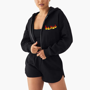 Zipper Up Closure <b>Women's</b> <b>Long</b> Sleeve Outerwear Jacket Hoodie & <b>Shorts</b> Sets Wholesale 100% Cotton Made <b>Women's</b> Hoodies Set - Product Image 2