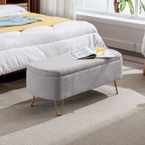 Panca Moderna Grigia in Finta Pelliccia con Gambe Dorate, Pouf Contenitore per Fondo Letto, Sgabello Imbottito ed Elegante - Product Image 1