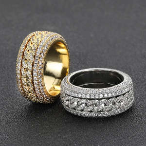 RB Gems VVS Moissanite Pave Setting <b>Spinner</b> <b>Ring</b> 925 Sterling Silver Yellow Vermeil Platinum Plating Iced Cuban Link Band - Product Image 2