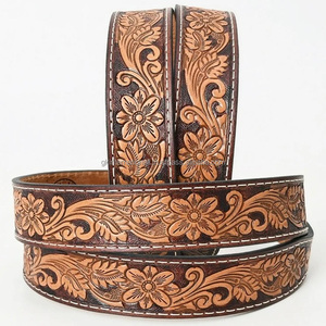 Cinturón de herramientas de cuero occidental con grabado floral tallado a mano para hombre con hebilla de latón cambiable niquelado - Product Image 5