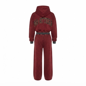 Custom Women Acid Wash <b>Burgundy</b> Cropped Hoodie Wide Leg Jogger Set Cotton Fleece Streetwear OEM Wholesale - Product Image 4