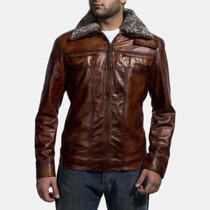 Chaqueta de Motociclista de Cuero Genuino para Hombre, Color Marrón, Piel de Oveja, Cuello Alto, Resistente al Viento, Corte Regular, Cierre de Cremallera, Estilo Urbano - Product Image 1