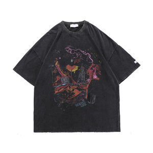 Camisetas de estilo vintage con hombros caídos y lavado ácido para hombre, camisetas estampadas de cuello redondo para streetwear. - Product Image 3