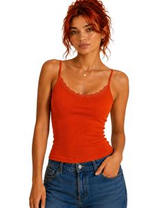 Custom <b>Red</b> Women Lace Trim Ribbed <b>Cami</b> Tank <b>Top</b> Spaghetti Strap Sleeveless Cotton Slim Fit Casual Summer Crop Vest Fashion Wear - Product Image 1