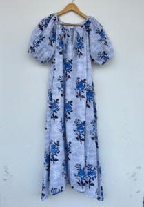 Women White Blue Floral Hand Block Printed Cotton <b>Maxi</b> <b>Dress</b> Tie Neck Puff Sleeve Loose A Line Boho Summer Vacation <b>Dress</b> - Product Image 4