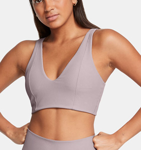 Women Ribbed Deep V-Neck Sports Bra <b>Spaghetti</b> <b>Strap</b> Medium Support Breathable Yoga Activewear Solid Color Seamless Design - Product Image 3