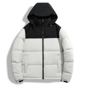 Blouson matelassé à capuche pour homme, col montant, logo frontal, blocs de couleur, coupe-vent, en polyester épais, décontracté pour l'hiver avec fermeture éclair - Product Image 6