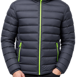 Veste matelassée pour homme avec doublure vert néon contrastant de qualité supérieure, avec capuche, chaude pour l'hiver, légère, gris foncé, veste à capuche à fermeture éclair intégrale - Product Image 2