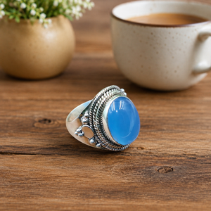 Natural Blue Chalcedony 925 Sterling Silver Gemstone <b>Ring</b> Handmade Artisan Boho Style Women's Gift Rose Gold Plated - Product Image 3