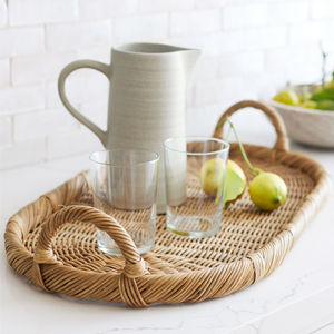 Modern Whitewashed Oval Rattan Tray Artisanal Wicker Storage <b>Basket</b> With Elegant Upright Handles For <b>Coffee</b> <b>Table</b> - Product Image 4