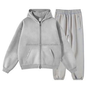 Survêtements évasés personnalisés avec fermeture éclair 500 GSM combinaison de jogging à jambe droite survêtement en détresse ensembles de sweats à capuche et de pantalons de survêtement pour hommes - Product Image 1