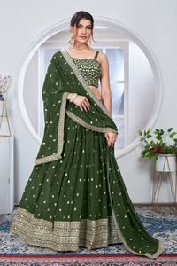 <b>Green</b> Lehenga Choli Set With Embroidered Border Traditional Indian Wedding Wear For Women Floor-Length Polyester Dress - Product Image 2