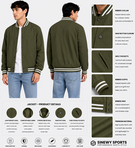 Veste de sport SINEWY pour homme, vert olive, style varsity, fermeture à boutons pression, col et poignets côtelés, respirante, légère, décontractée - Product Image 1
