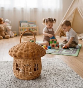 Handmade Rattan Mushroom House <b>Storage</b> <b>Basket</b> with Lid and Carry Handle Woven <b>Toy</b> <b>Basket</b> for Nursery Bedroom and Playroom Decor - Product Image 6
