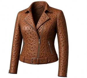 Chaqueta de Motociclista para Mujer, de Cuero Genuino con Grabado de Avestruz, Cuello Alto, Manga Larga, Cierre de Cremallera, Estilo Otoñal - Product Image 6