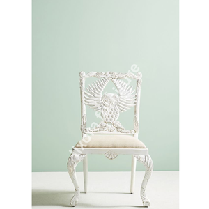 Silla de Comedor de Madera Maciza Hecha a Mano de Lujo con Tallado Ornamental de Búho y Asiento de Lino Blanco Envejecido - Product Image 4
