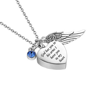 Collier porte-cendres en acier inoxydable en forme de cœur avec aile d'ange et pierre de naissance, bijou commémoratif pour cendres funéraires, cadeau souvenir - Product Image 3