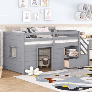 Letto a soppalco basso in legno massello per bambini, con scaletta e cassetto, colore grigio - Product Image 5