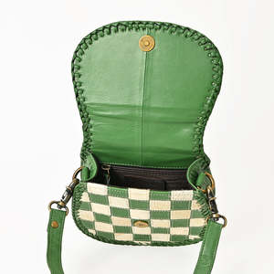 Green Checkered Crochet Design Hair On Leather Shoulder Bag Women Bohemian Crossbody Sling <b>Purse</b> - Product Image 2